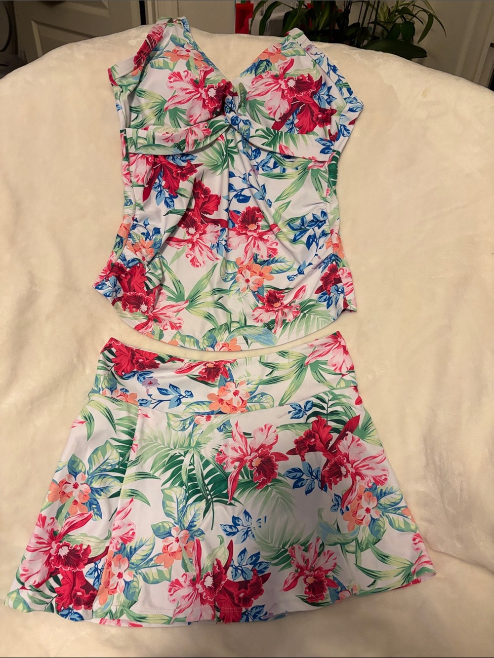 Tropical Floral Two-Piece Swim Set - White Base with Pink & Green Floral Print